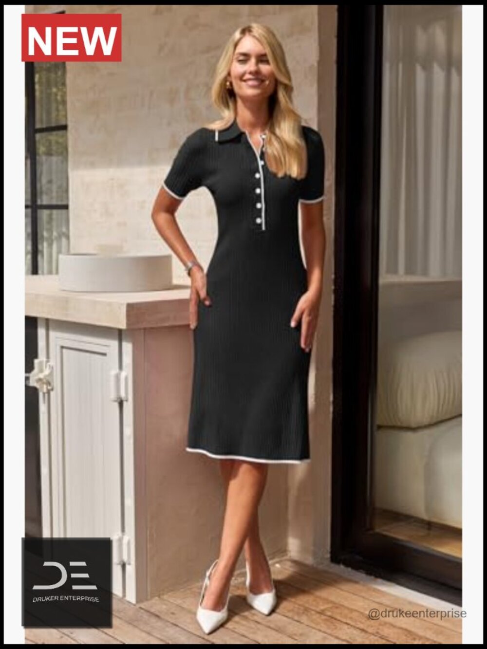 Ribbed Knit Midi Dress Short Sleeve V Neck Button Bodycon - Picture 4 of 7